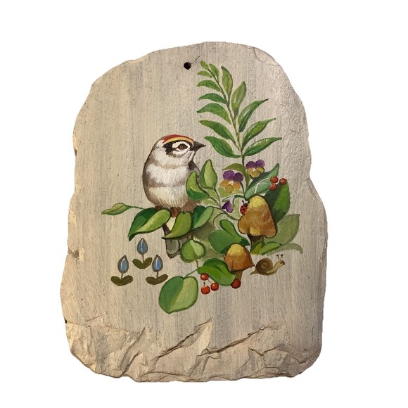 Slate Folk Art Hand Painted & Signed 7" X 5" Charming Decor Sparrow & Mushrooms - Picture 1 of 6